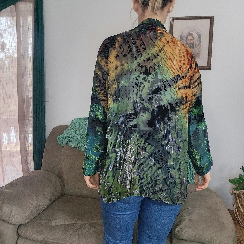 Vintage Mulitcolored Eclectic Art Silk Open Kimono Size Small